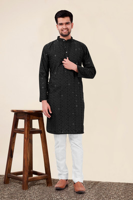 NEGRONISTAR Men Embroidered Straight Kurta(Black)
