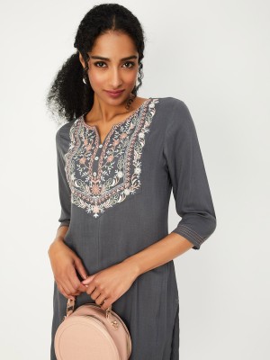 MAX Women Embroidered Straight Kurta(Grey)