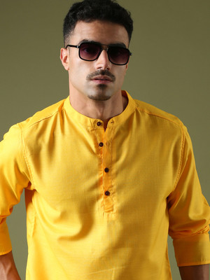 Voroxy Men Self Design Straight Kurta(Yellow)
