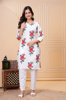 RENSILAFAB Women Printed A-line Kurta(White)