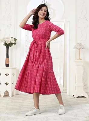 ANJAYA Women Printed Anarkali Kurta(Pink)