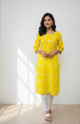 Vpm eco group Women Floral Print, Printed Straight Kurta(Yellow)