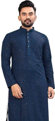 Vriha Enterprise Men Self Design Straight Kurta(Blue)