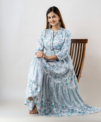 Yaltas Women Printed Anarkali Kurta(Light Blue)