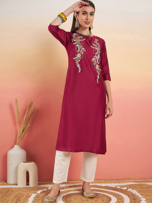 Sangria Women Embroidered Straight Kurta(Maroon)