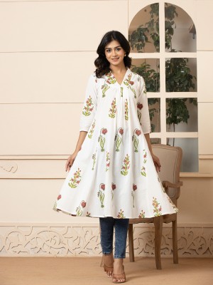 Yufta Women Floral Print A-line Kurta(Pink, White)