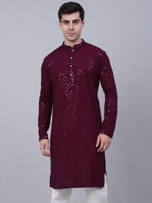 HouseOfCommon Men Chikan Embroidery A-line Kurta(Purple)