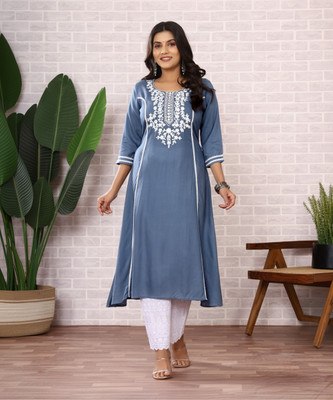 RANI FAB TEX Women Embroidered A-line Kurta(Blue)