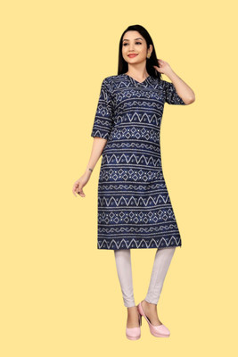 Tulsii Fab Women Animal Print Straight Kurta(Dark Blue)