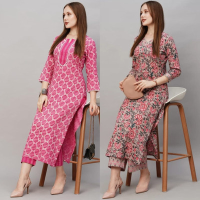 OMSAILACES Women Printed Straight Kurta(Pink)