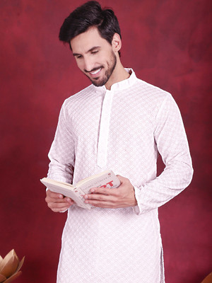 Jompers Men Embroidered Straight Kurta(White)
