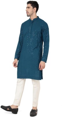 kanha creation Men Chikan Embroidery Straight Kurta(Blue)