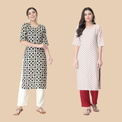 EthnicBasket Women Printed Straight Kurta(White, Red, Black)