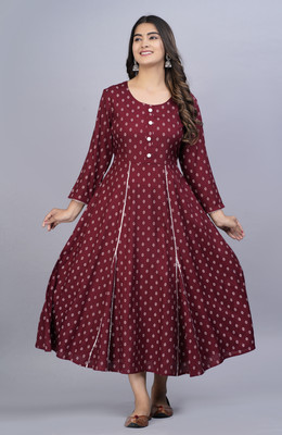 URESA Women Printed Anarkali Kurta(Maroon)