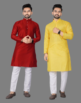 DHASU TRENDZ Men Self Design, Solid Straight Kurta(Maroon, Yellow)