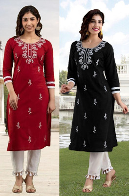 vikshi Women Chikan Embroidery A-line Kurta(Multicolor)