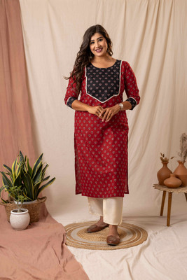 siya silk studio Women Printed A-line Kurta(Red)