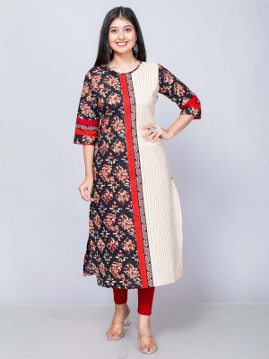 Jevi Prints Women Block Print Straight Kurta(Beige, Black)