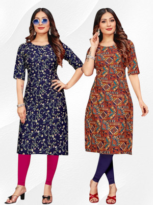 Nitya Trendz Women Printed Straight Kurta(Blue, Brown)