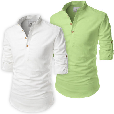 UNIFAV Men Solid Pathani Kurta(White, Green)