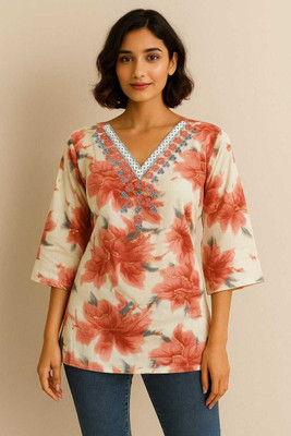 RangoliFshion Women Printed A-line Kurta(Red, White)