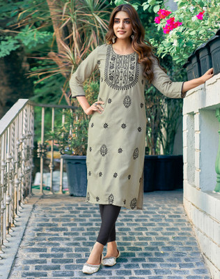 Samah Women Embroidered, Embellished, Dyed/Ombre, Self Design Straight Kurta(Beige, Black)