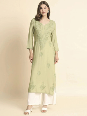 EKASYA Women Embroidered Straight Kurta(Green)