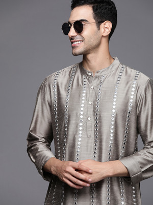 Indo Era Men Embellished Straight Kurta(Grey)