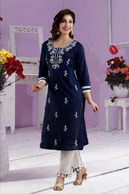 vikshi Women Chikan Embroidery Straight Kurta(Blue)