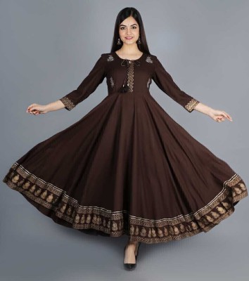 PVZ Women Printed Anarkali Kurta(Brown)