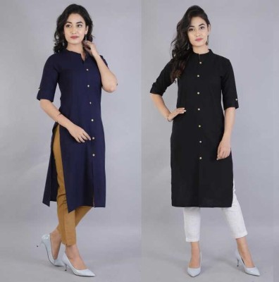 Humisha Fashion Women Solid Straight Kurta(Blue, Black)