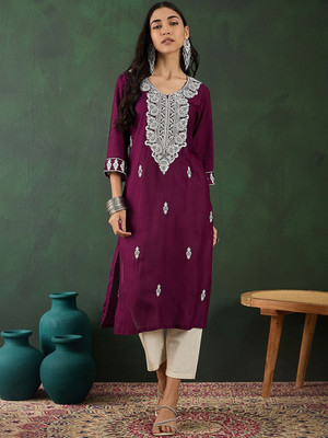 Sangria Women Embroidered Straight Kurta(Purple)