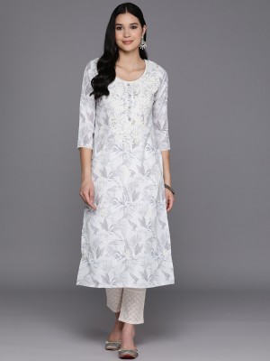 LIBAS Women Floral Print Straight Kurta(White, Grey)