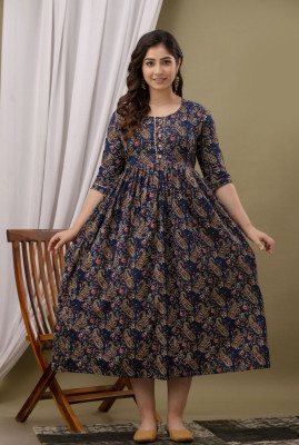 MASUN Women Printed Anarkali Kurta(Dark Blue)