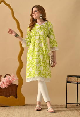 Deepyog Women Printed Straight Kurta(Light Green)