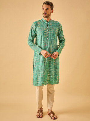 House of Pataudi Men Geometric Print Straight Kurta(Light Green)