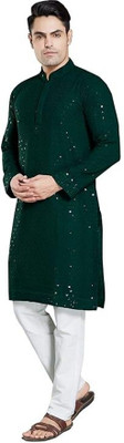 garviya fashion Men Embellished, Self Design Straight Kurta(Green)