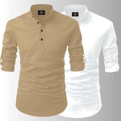 LIMRO Men Solid Straight Kurta(Gold, White)