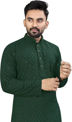 CRYSTALSTYLE Men Embroidered, Embellished Straight Kurta(Green)