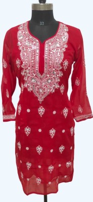 beauty chikan Women Chikan Embroidery A-line Kurta(Red)