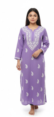 nafacreation Women Chikan Embroidery Ethnic Dress Kurta(Purple)