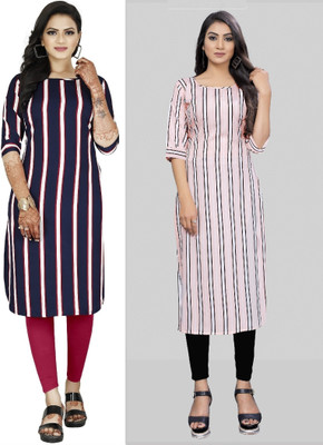 Hiral Creation Women Striped Straight Kurta(Purple, White)