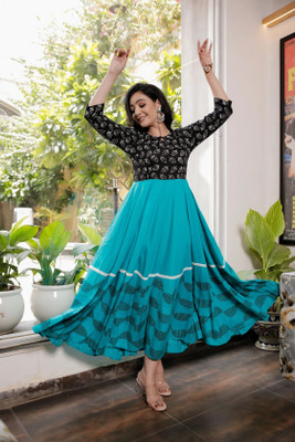 INDI INSIDE Women Block Print Anarkali Kurta(Blue)