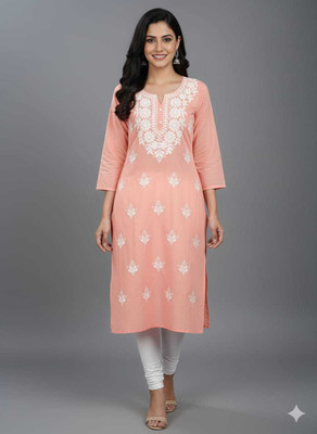 ABCALLECTION Women Embroidered, Chikan Embroidery Straight Kurta(Pink)
