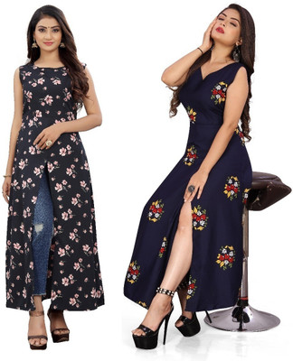 tanvi creation Women Printed Frontslit Kurta(Blue)
