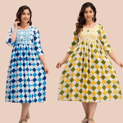 simran Women Block Print Anarkali Kurta(Yellow)