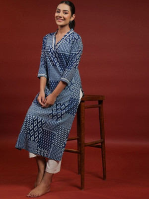 Brown Era Women Printed Straight Kurta(Blue)