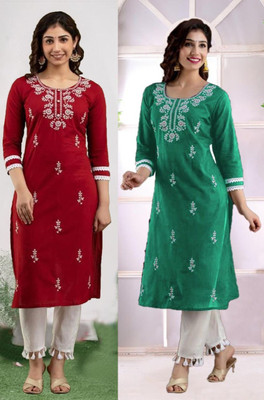 SISTO Women Chikan Embroidery Straight Kurta(Multicolor)