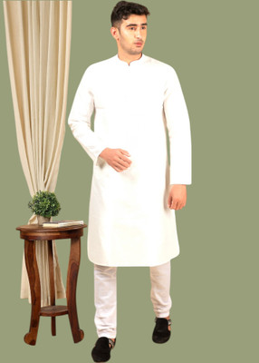 Tattva Men Self Design Straight Kurta(White)