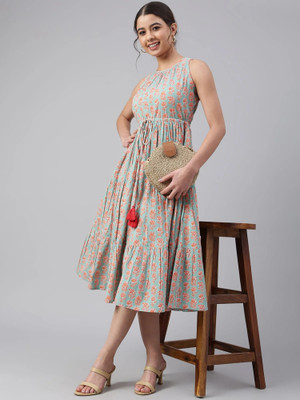 MAMISAA Women A-line Light Blue, Red Midi/Calf Length Dress